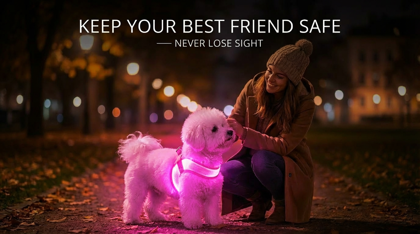 LED dog harness illuminated during nighttime dog walk