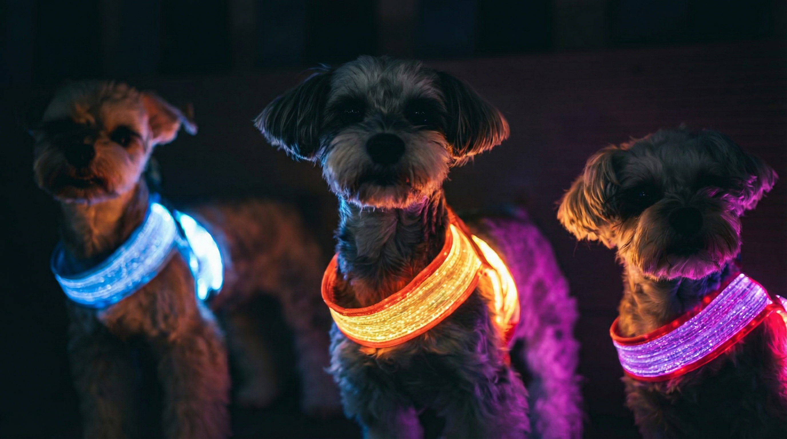 LED Dog Harness glowing at night